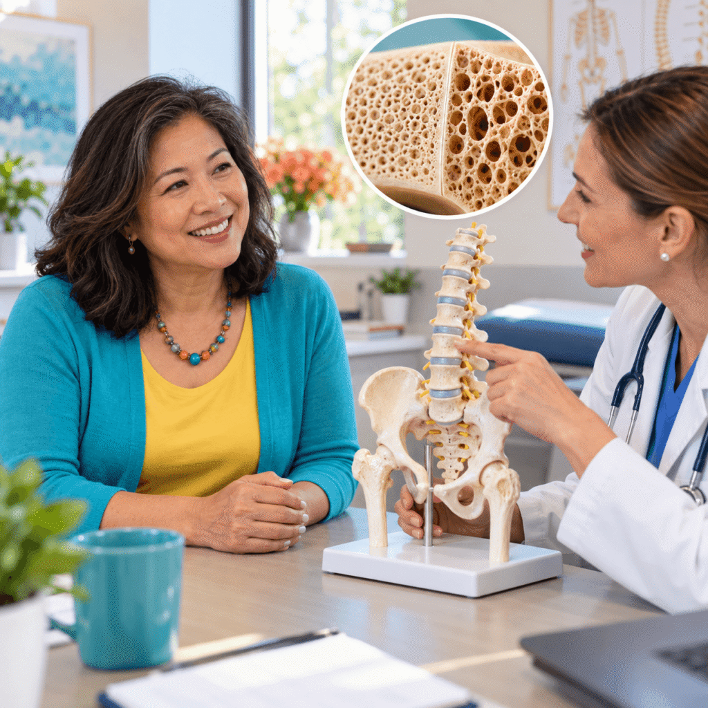 Smiling Asian American woman discussing menopause bone health with a female clinician