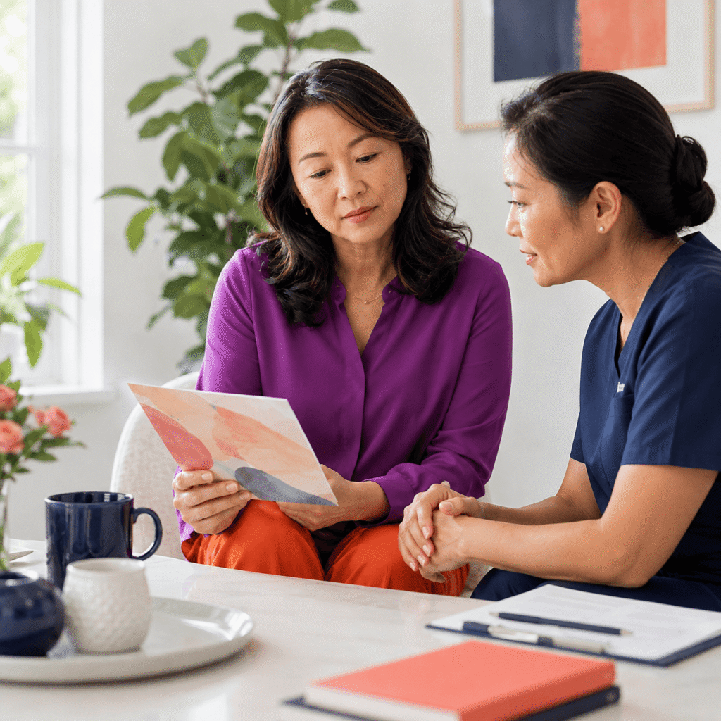 Woman Learning How Low Estrogen Causes Menopause Dryness