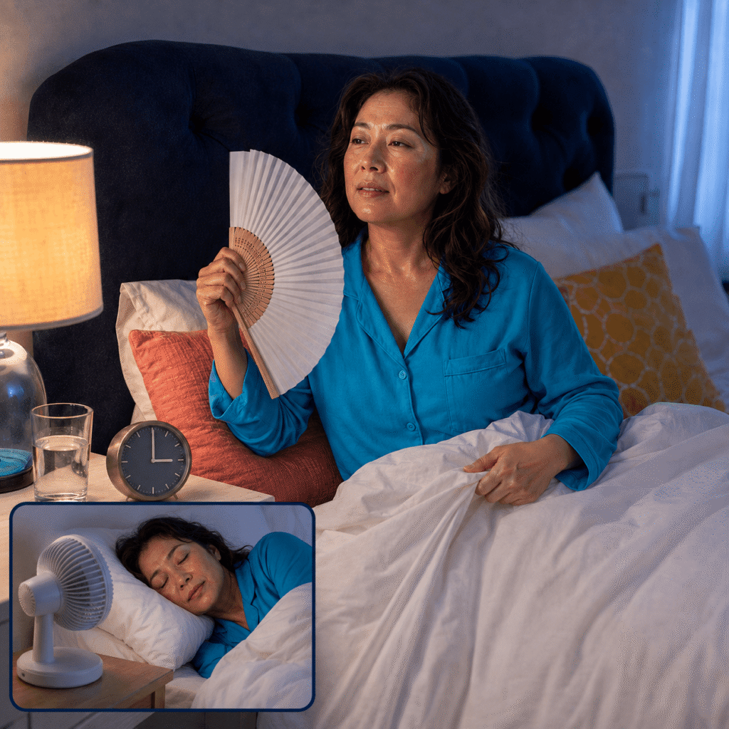 Perimenopausal woman cooling herself after a nighttime hot flash