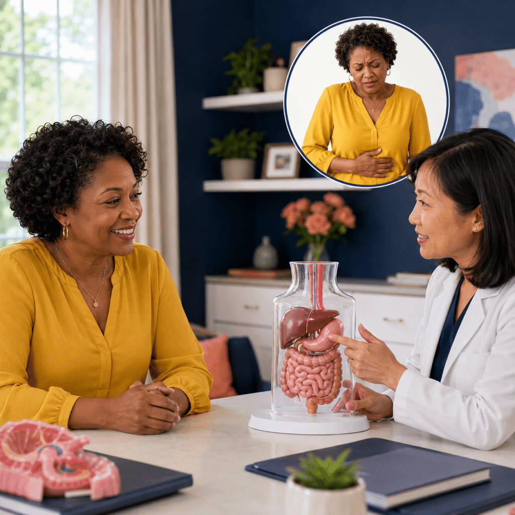 African American woman discussing the gut-liver estrogen pathway with a clinician