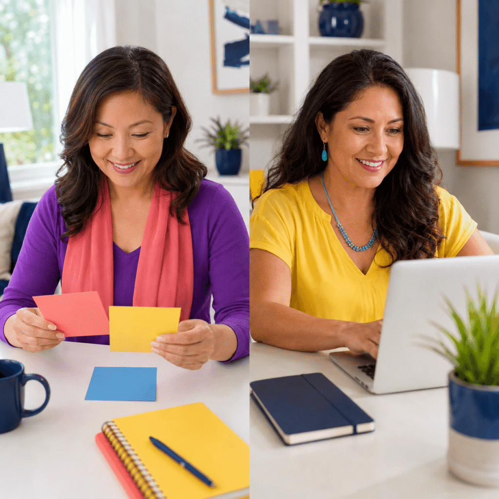  Two smiling midlife women using simple planning tools while discussing concentration and memory.
