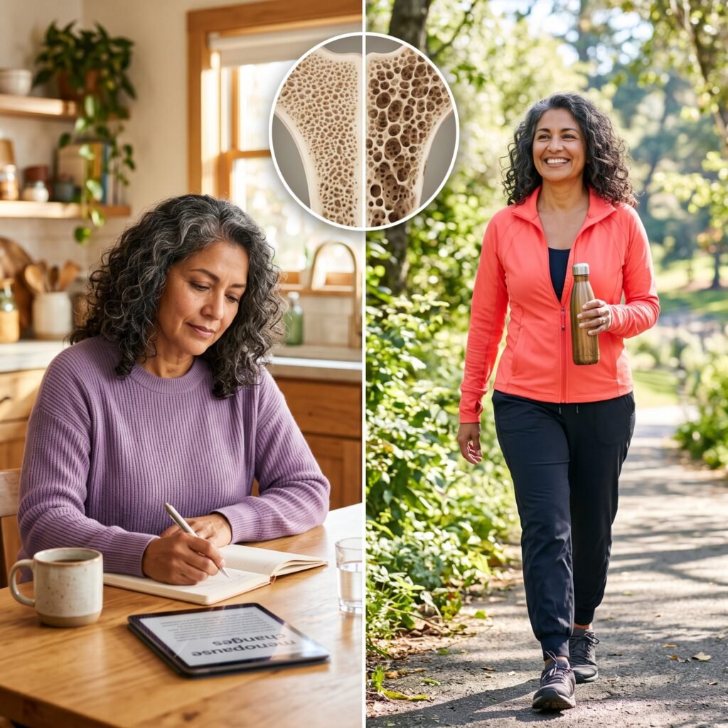 Woman learning about menopause bone changes with a comparison inset showing healthy and weakened bone structure.

