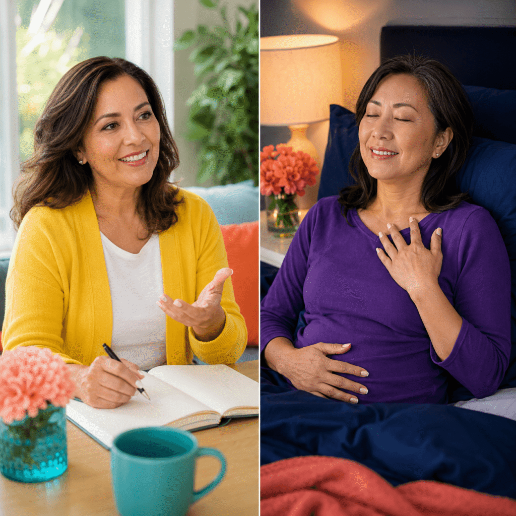Two diverse midlife women discussing changing sleep patterns during perimenopause