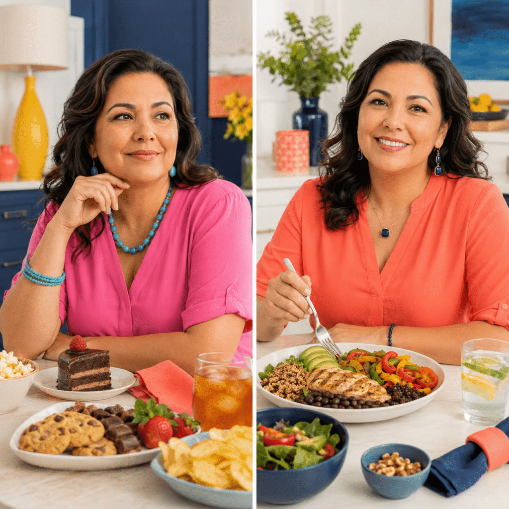 Midlife woman comparing a sugary evening snack with a balanced meal containing protein, vegetables and whole-food carbohydrates
