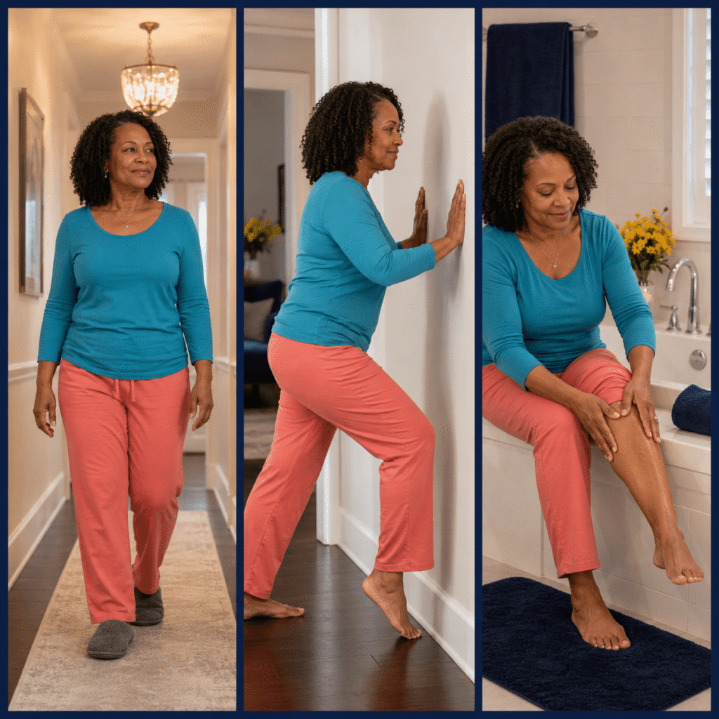 Woman Using Gentle Stretching And Warmth For Restless Legs