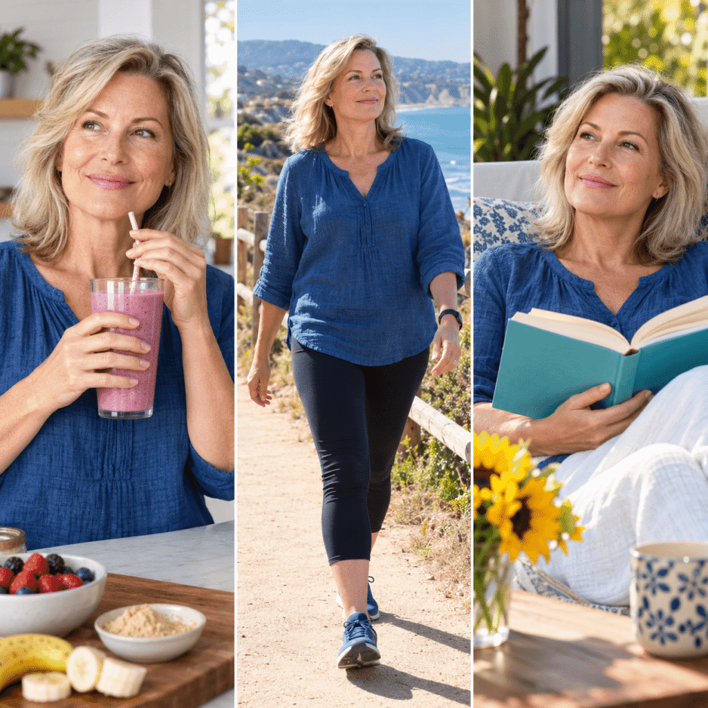 Midlife Woman Drinking A Maca Smoothie Walking Outdoors And Relaxing At Home