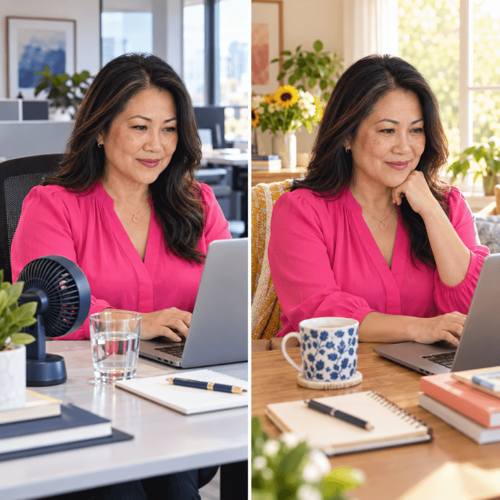 Midlife Employee Using Flexible Hours And A Desk Fan At Work