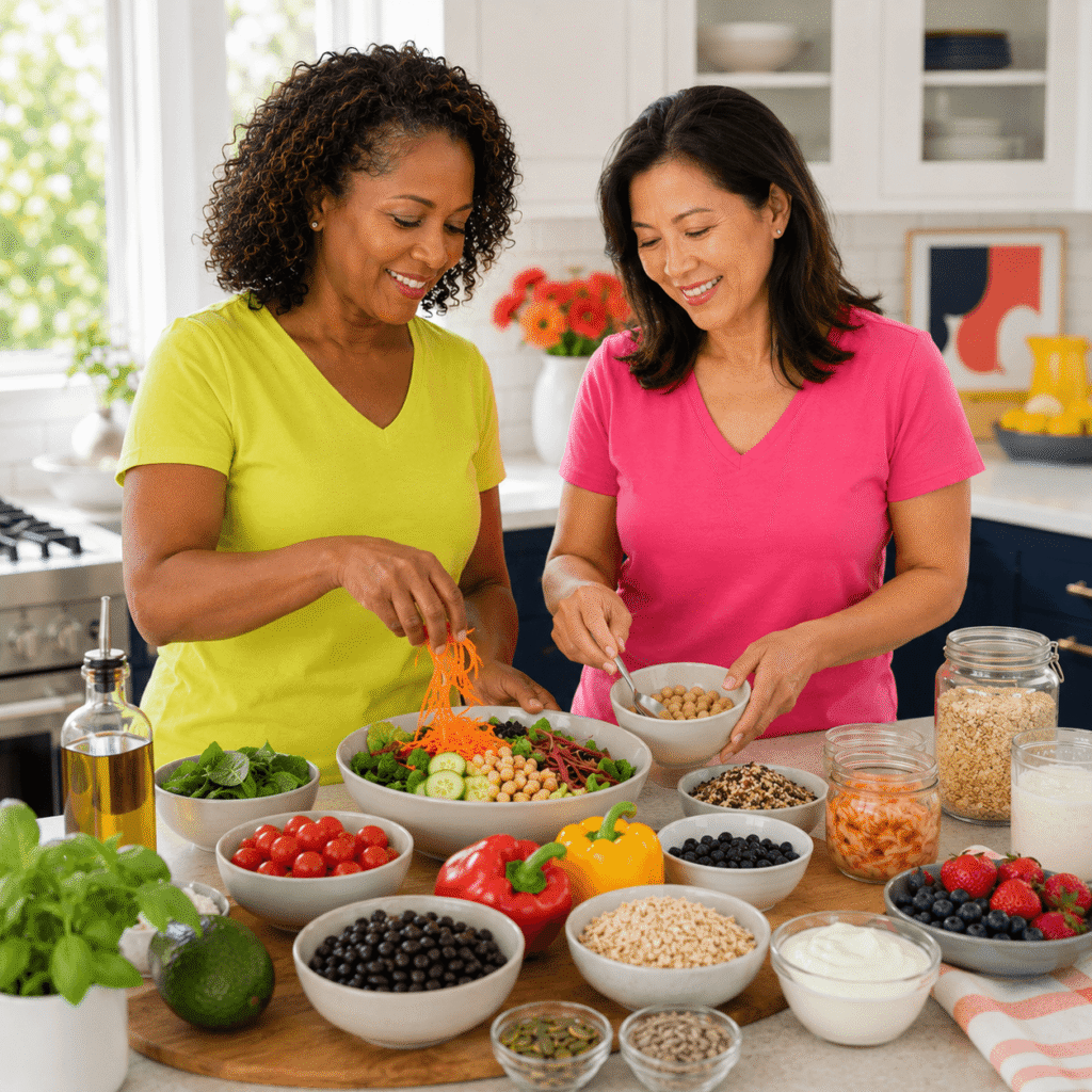 Black woman building a varied fiber-rich meal to support gut health during menopause
