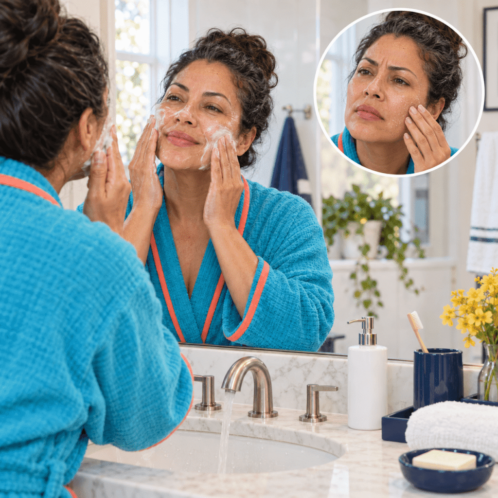 Woman Using Lukewarm Water And Gentle Skincare For A Weakened Menopause Skin Barrier

