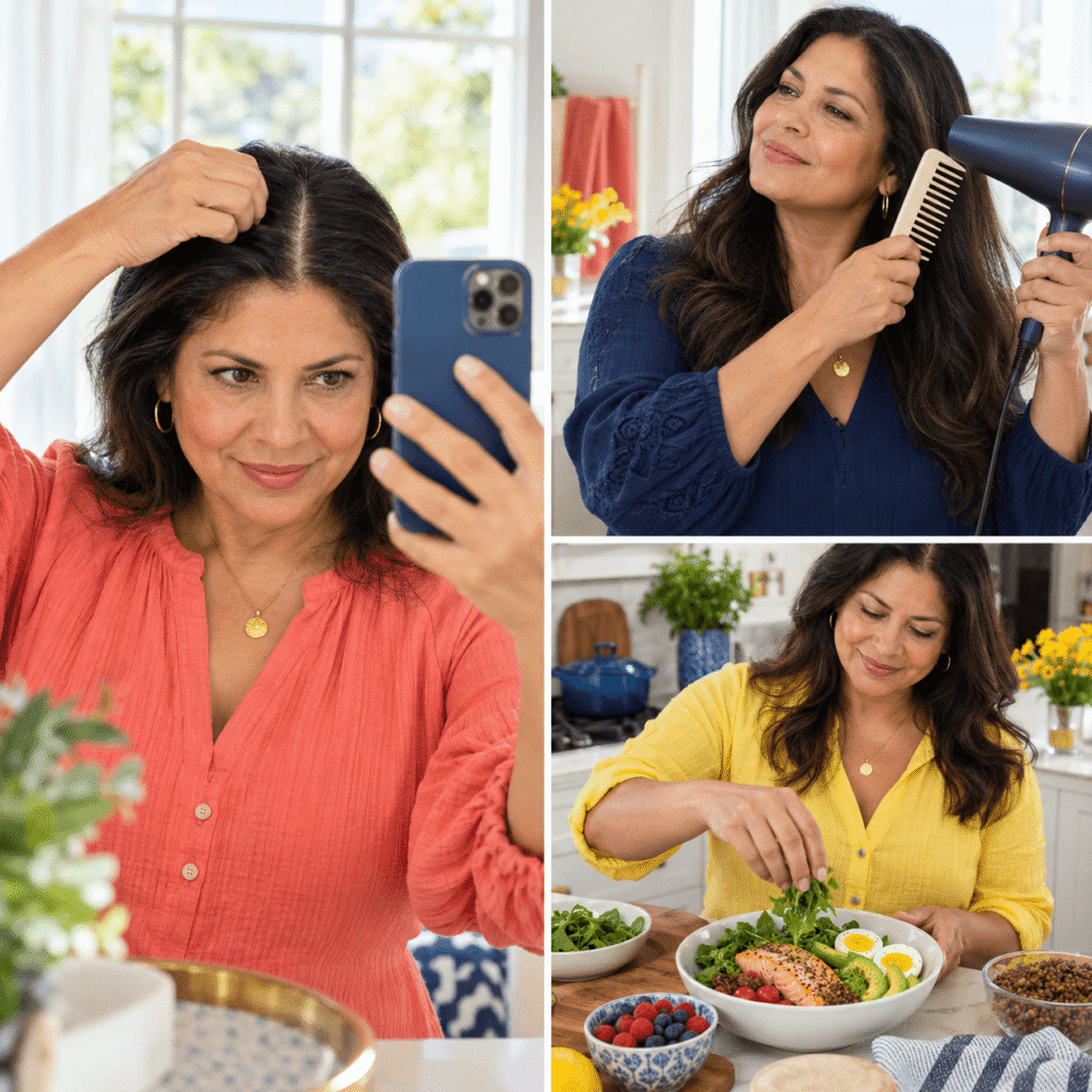 Menopausal Woman Following A Gentle Hair Care And Nutrition Routine