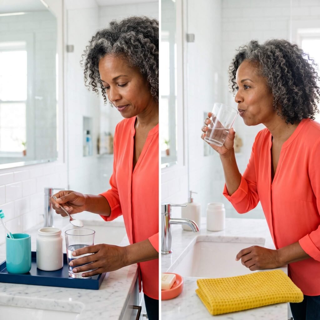 Menopausal Woman Preparing A Gentle Baking Soda Mouth Rinse