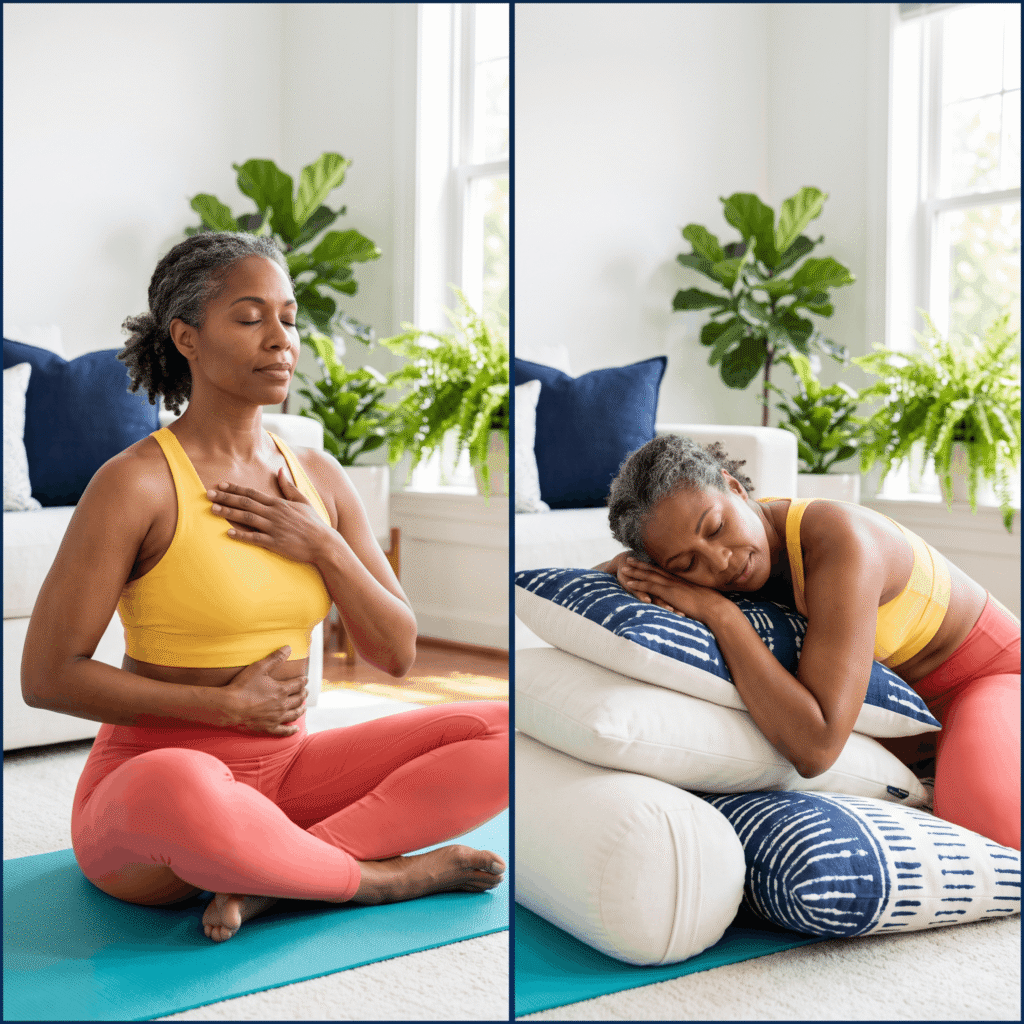 Midlife Woman Practicing Gentle Pelvic Floor Relaxation At Home
