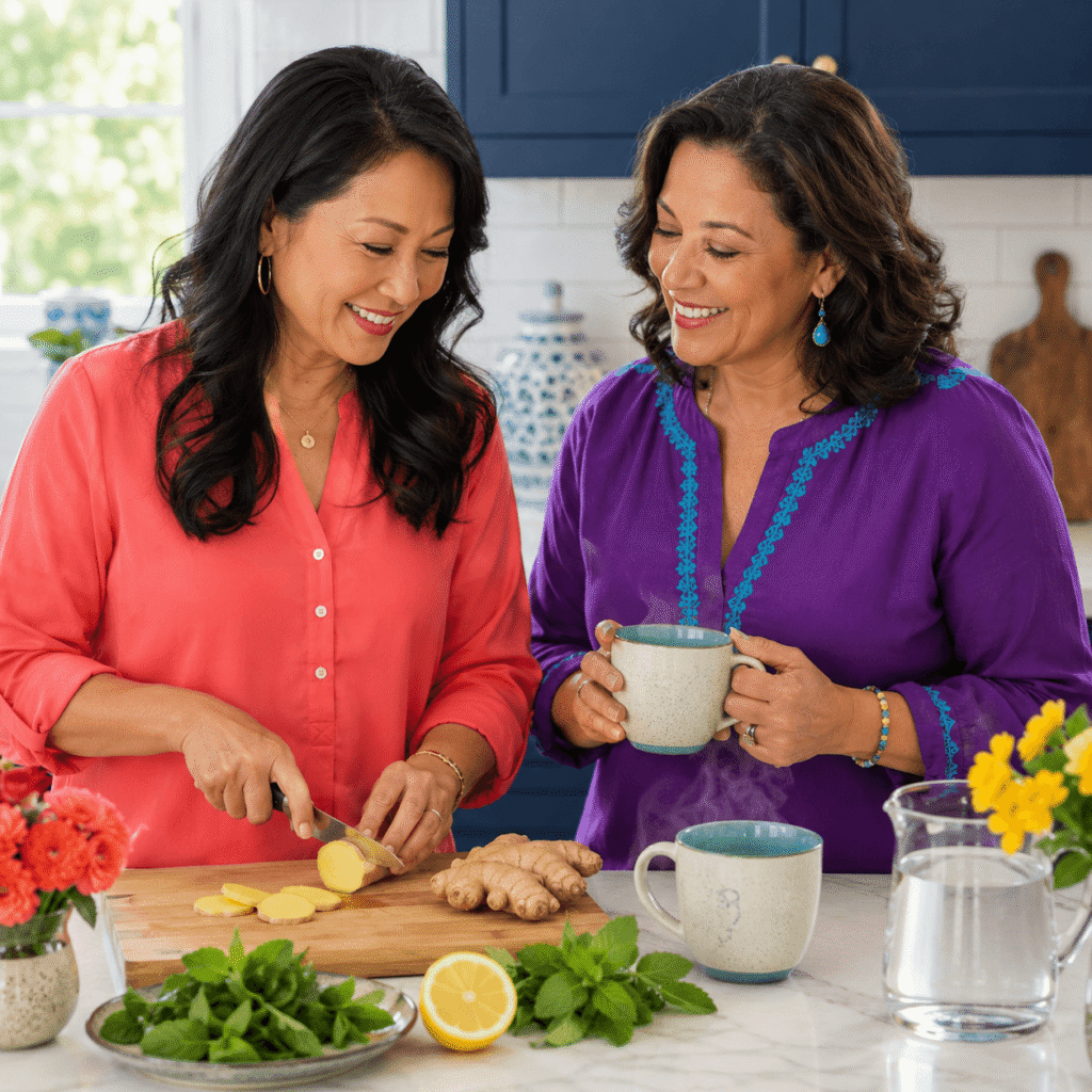 Asian and Mexican American midlife women preparing fresh ginger and peppermint tea