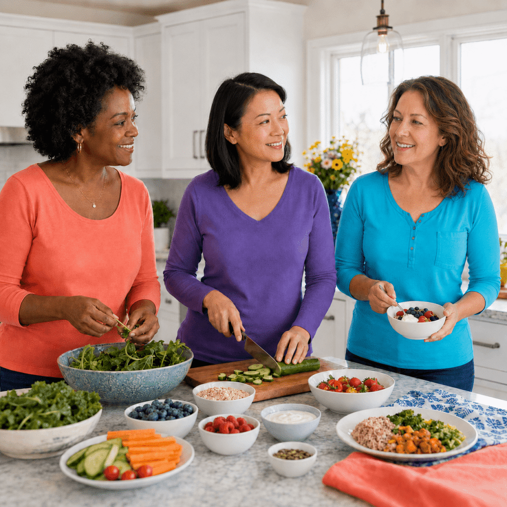 Diverse midlife women preparing colorful fiber-rich foods to support the gut microbiome during menopause
