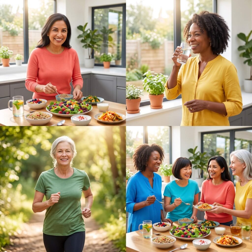 Diverse women in menopause doing healthy menopause routine