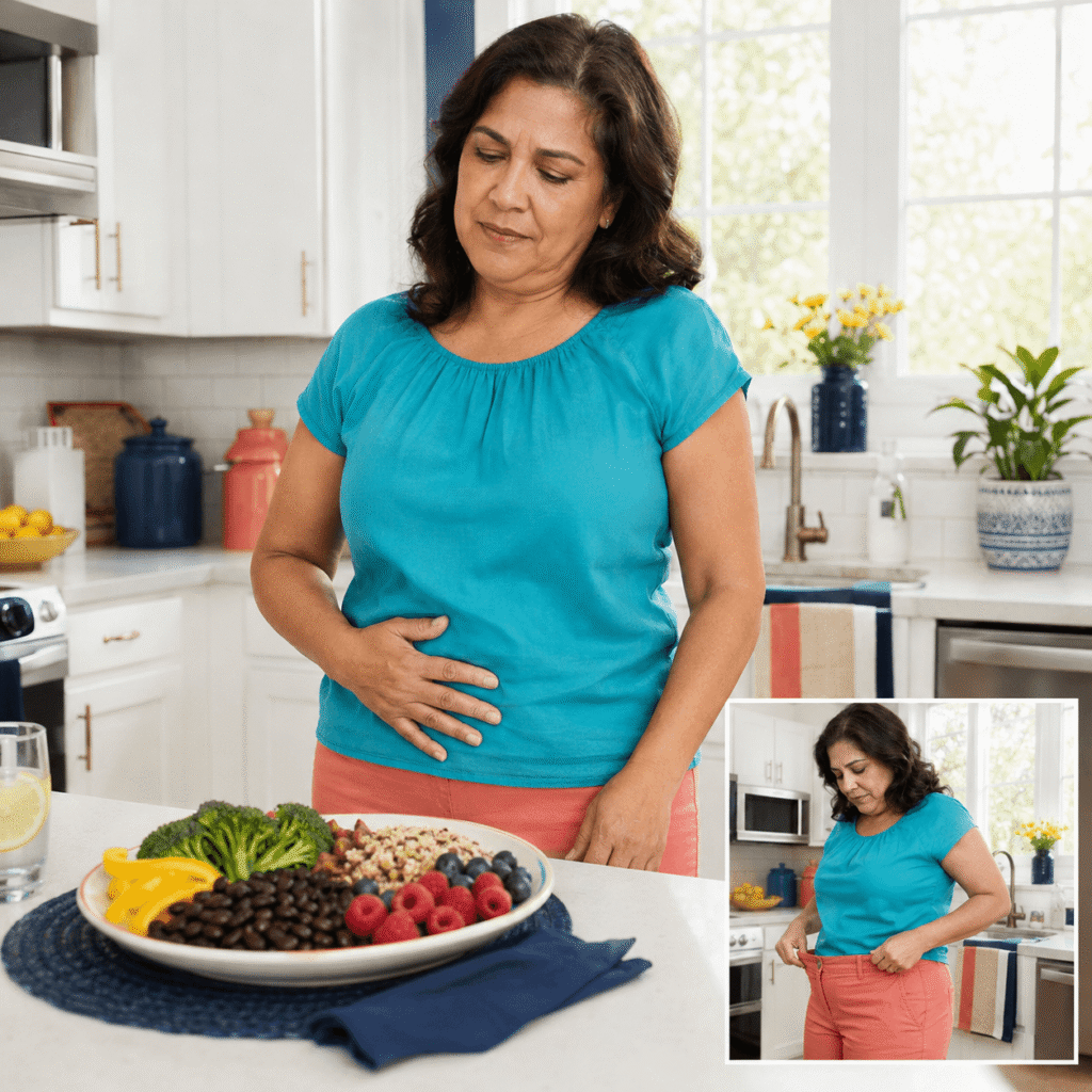 Woman in menopause noticing uncomfortable afternoon abdominal bloating
