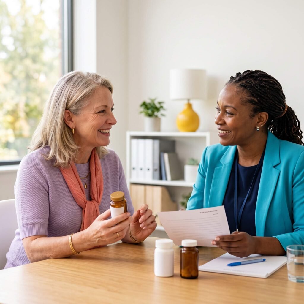 Midlife woman discussing menopause treatment options with a female clinician in a consultation room.
