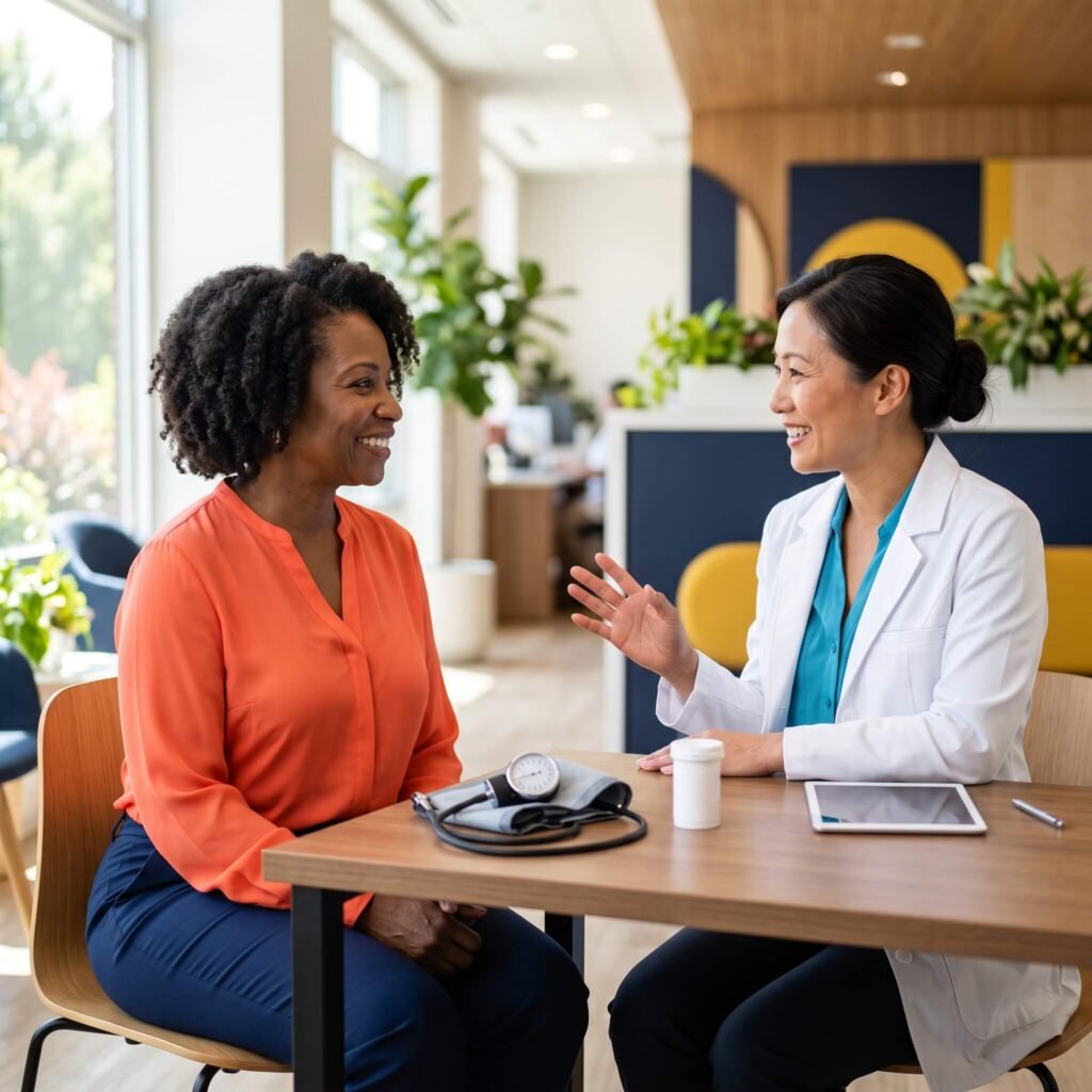 Midlife woman discussing hormone therapy and blood pressure with a menopause-informed clinician.