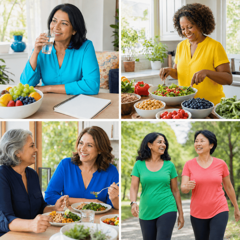 Diverse midlife women preparing fiber-rich foods, walking after meals, hydrating, and strength training for healthy aging