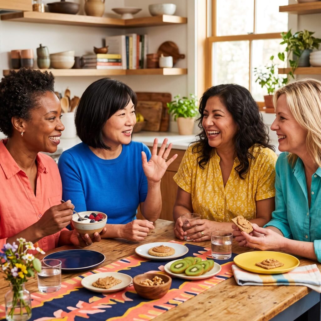 Four diverse women aged 40 to 60 smiling beside several small healthy bedtime snack options