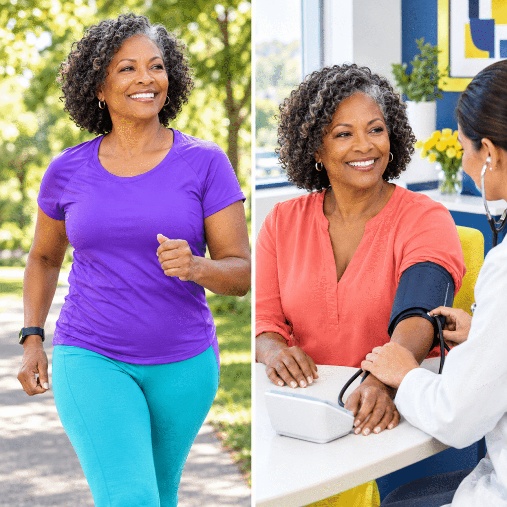 African American woman after menopause combining regular movement with a cardiovascular health check