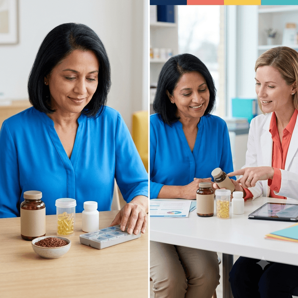 Woman over 50 reviewing several supplements and medicines with a clinician before making changes