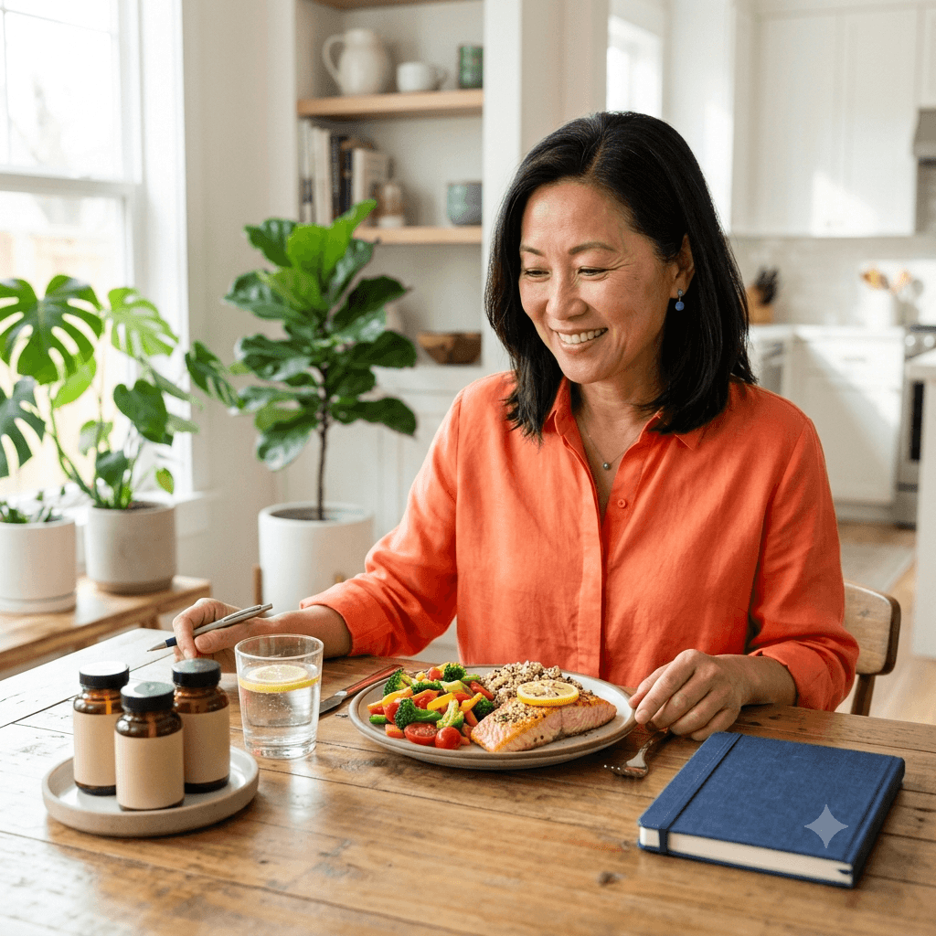 Asian American woman over 50 choosing between healthy foods and a small number of supplements at home