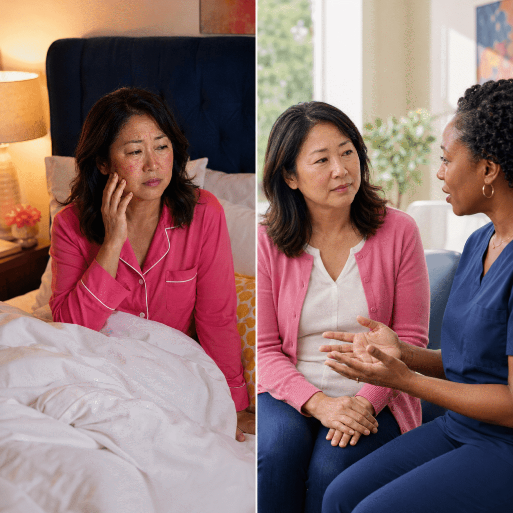 Woman awake with flushing and congestion that may accompany high histamine activity