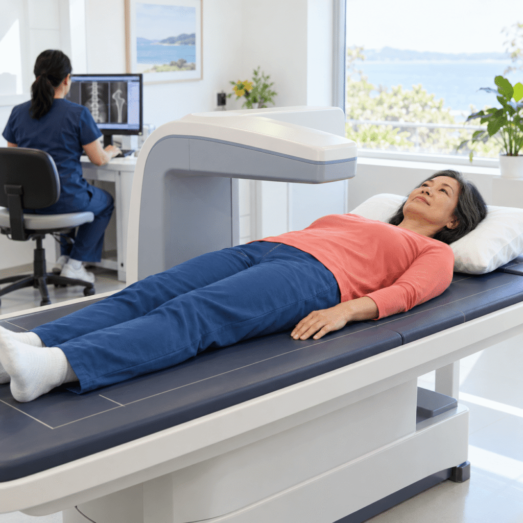 Asian Woman In Her Fifties Lying Fully Clothed On A DEXA Table While A Low Dose Scanner Measures Her Hip And Lumbar Spine
