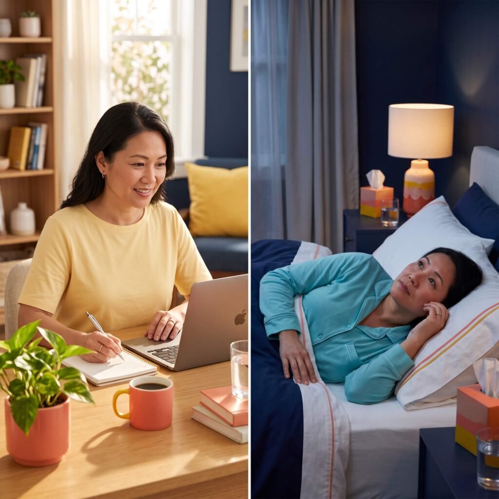 Woman comparing daytime alertness and nighttime menopause insomnia
