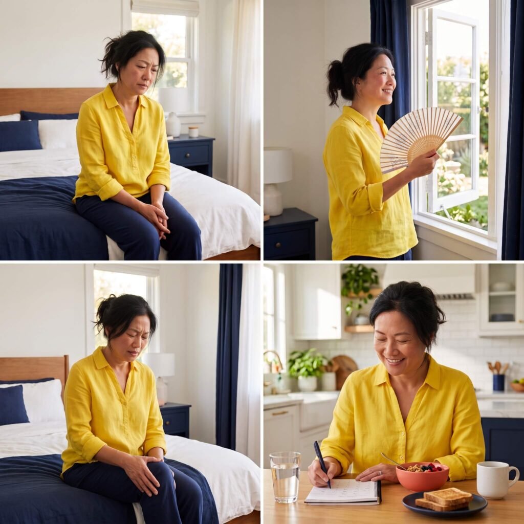 Asian woman tracking hot flashes, poor sleep, digestion, and joint discomfort during perimenopause