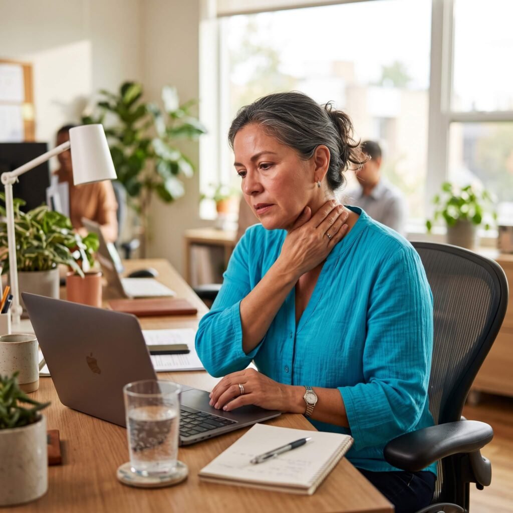 Menopausal Employee Managing A Hot Flash During Her Workday