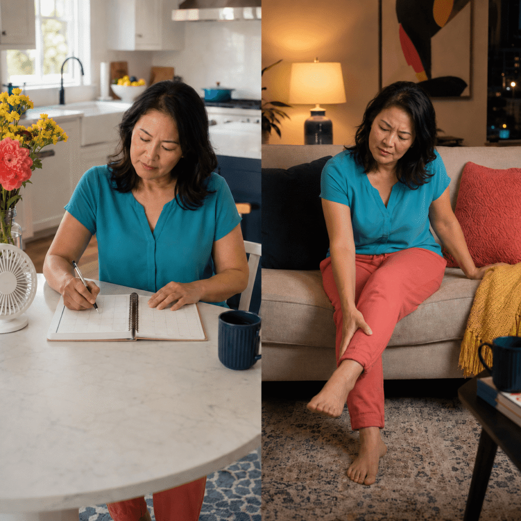 Woman Tracking Perimenopause Symptoms And Nighttime Leg Restlessness