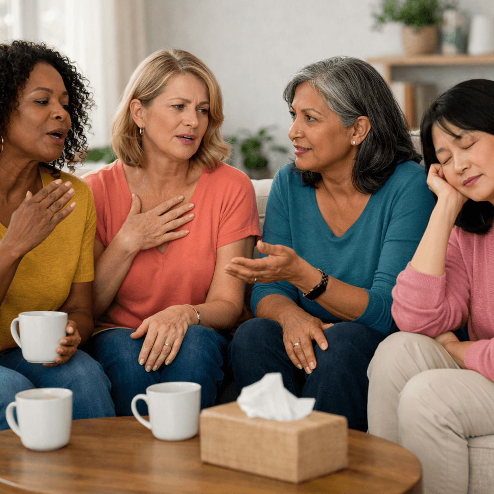 Diverse Group Of Women Aged 40 To 60 Casually Talking About Menopause Symptoms
