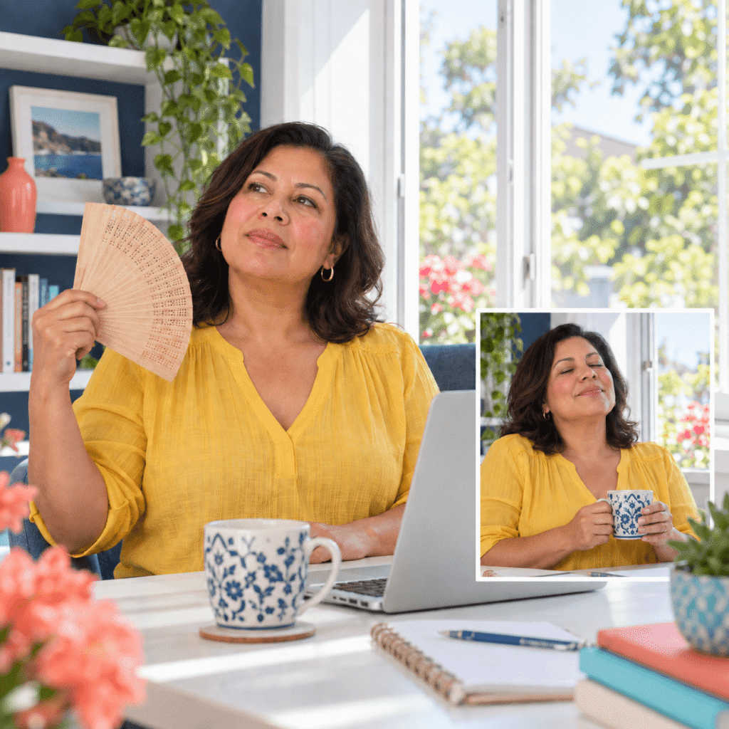 Woman Managing A Menopause Hot Flash While Considering Heart Health
