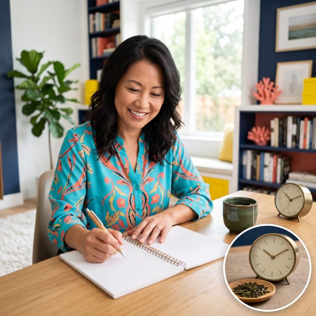 Asian American woman in midlife working calmly at a desk with green tea