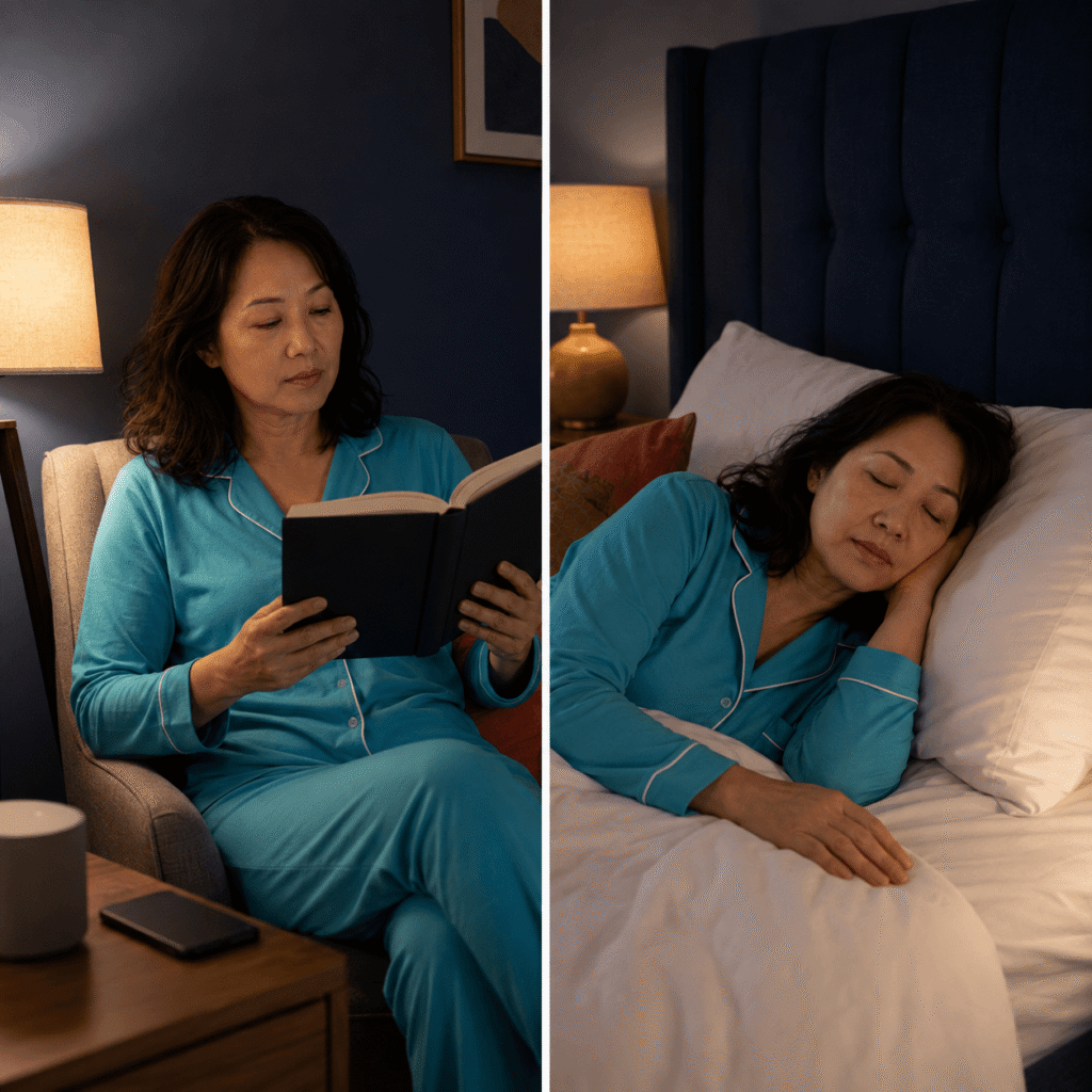 Menopausal woman reading quietly in dim light before returning to bed