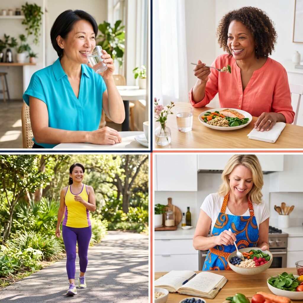 Four midlife women drinking water, eating slowly, walking after a meal and preparing a fiber-rich meal