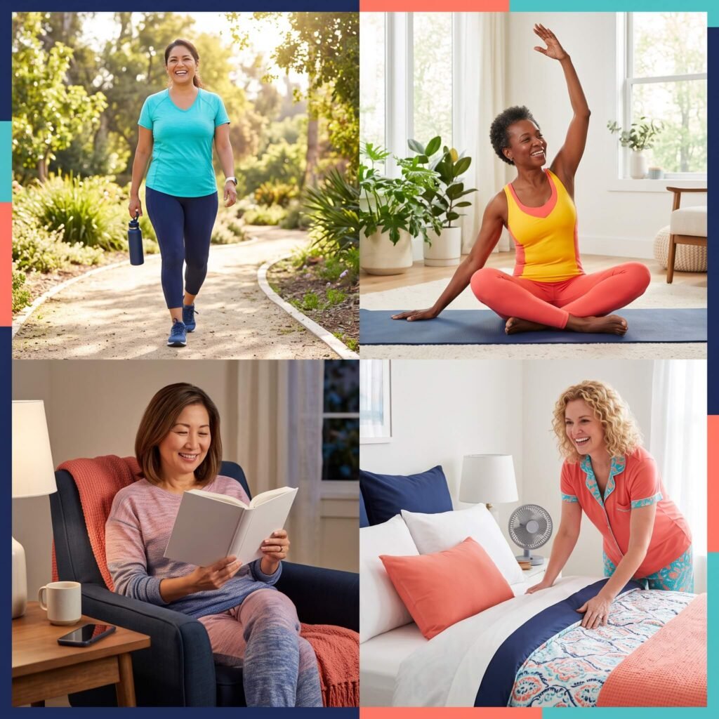 Four diverse women practicing morning light, exercise, relaxing evening activities and a cool bedroom routine