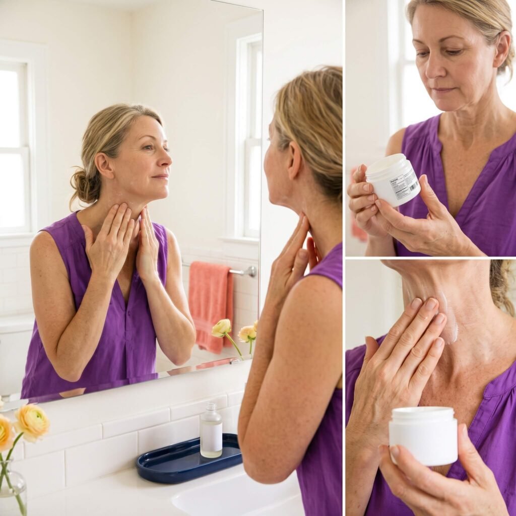Woman Applying Hyaluronic Acid And Cream To Crepey Neck Skin