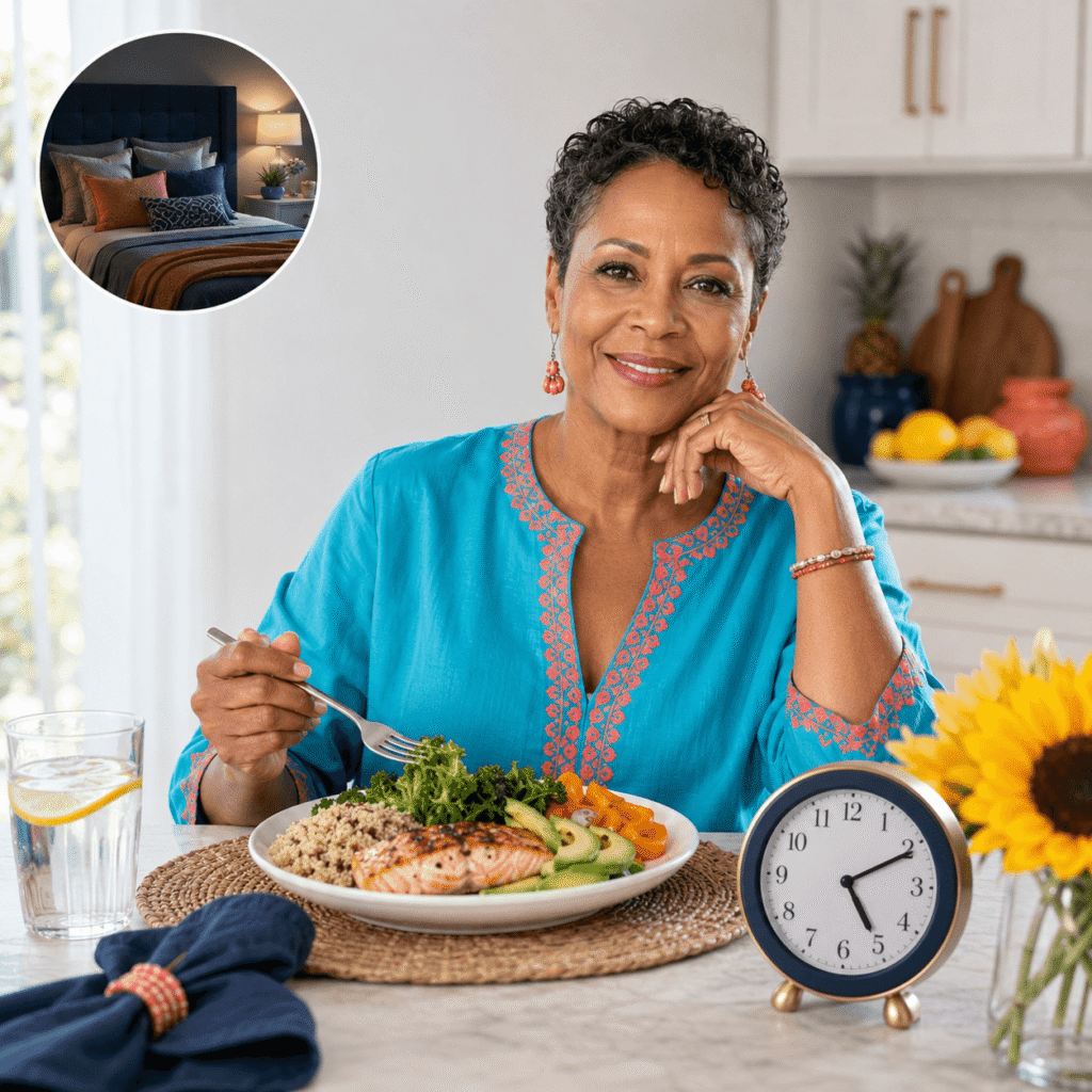 Woman planning meals, resistance training and sleep while testing a gentler menopause fasting routine
