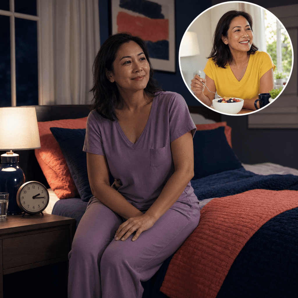 Middle-aged woman awake at night after going to bed hungry during an intermittent fasting routine