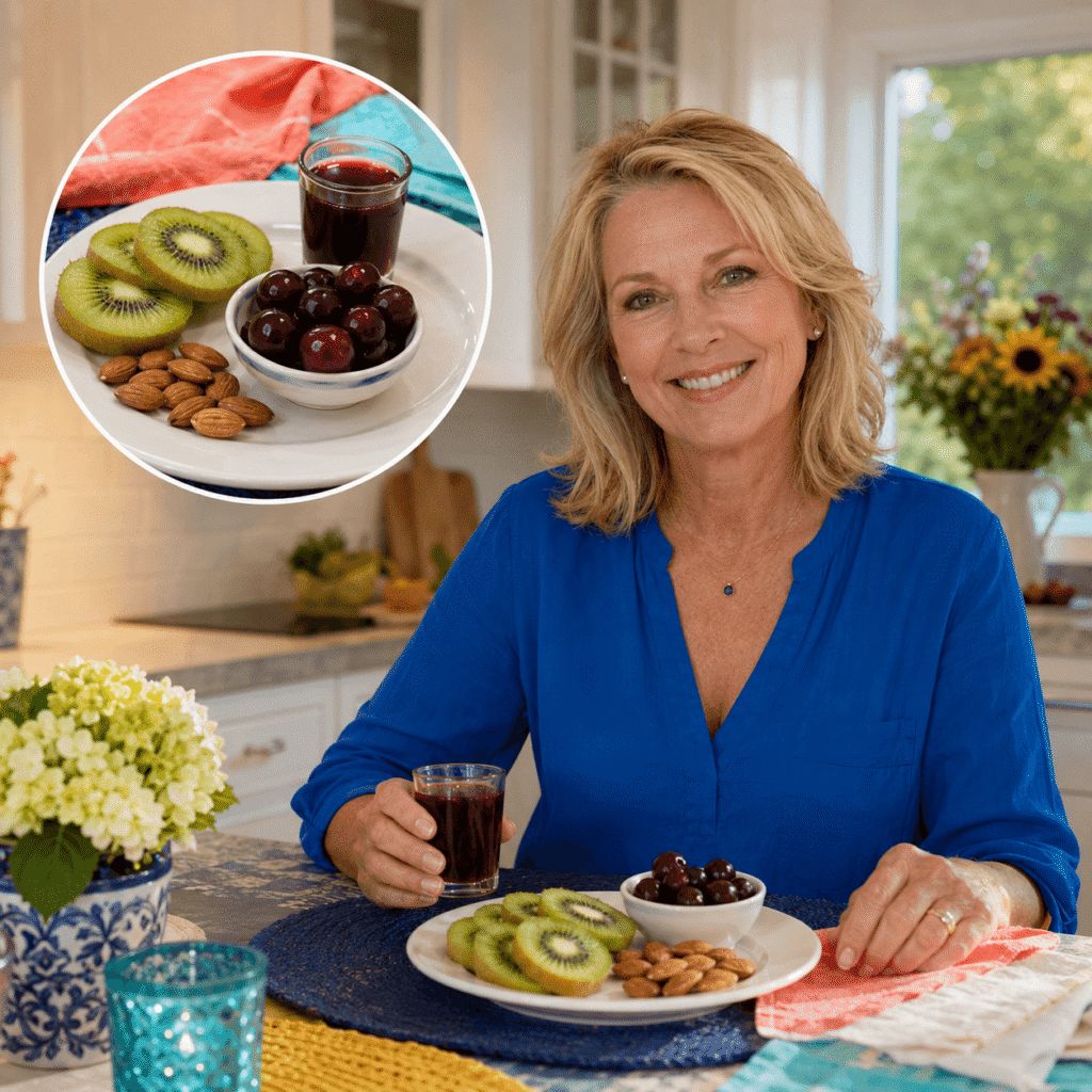 White American woman in her 50s with small portions of kiwi, tart cherries and almonds during a relaxing evening routine