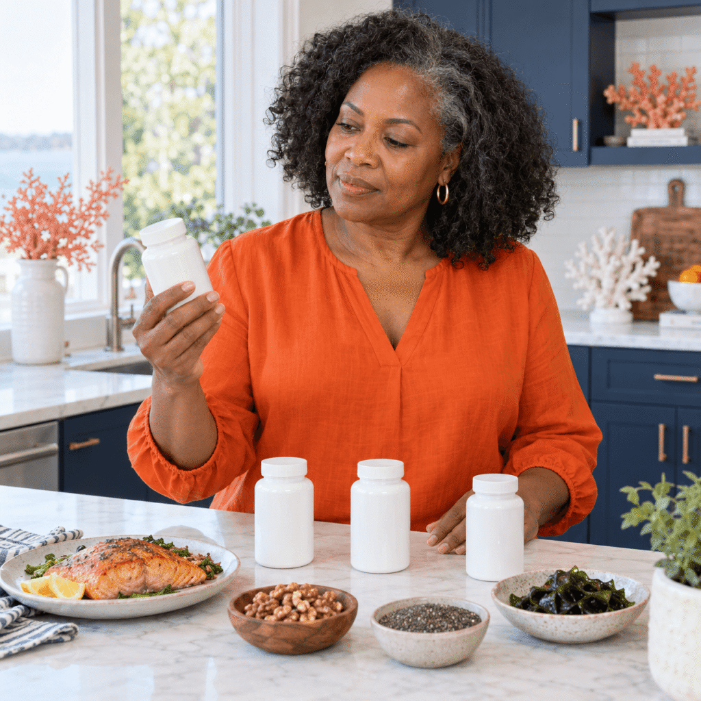 Postmenopausal Woman Comparing Omega 3 Supplement Options
