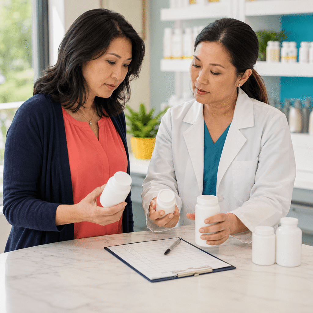 Woman Asking Pharmacist About L Theanine And Antidepressants
