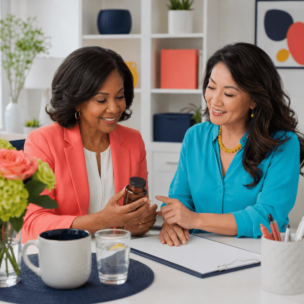 Two midlife women discussing a supplement during a professional wellness consultation