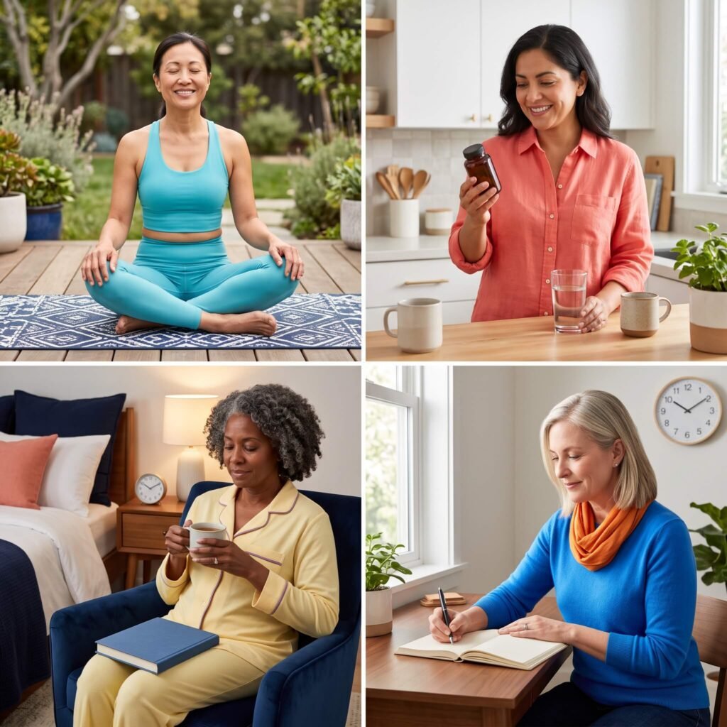 Four midlife women demonstrating calm breathing, supplement review, bedtime routine and symptom tracking