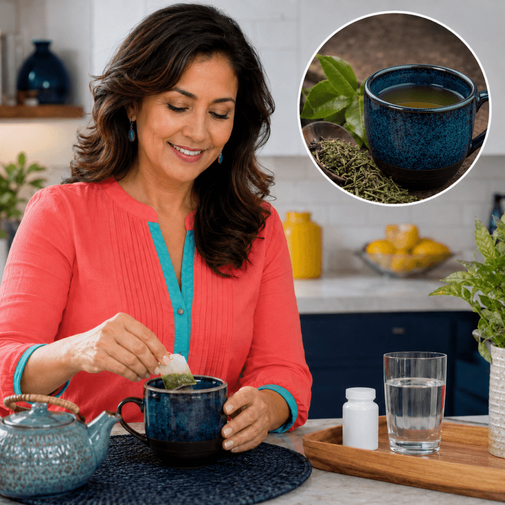 Smiling Mexican American woman in midlife preparing green tea