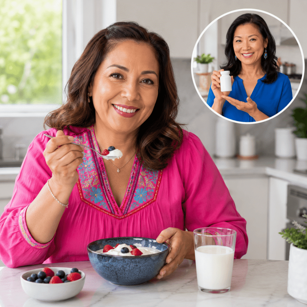 Woman enjoying a dairy meal while considering lactose-related digestive symptoms