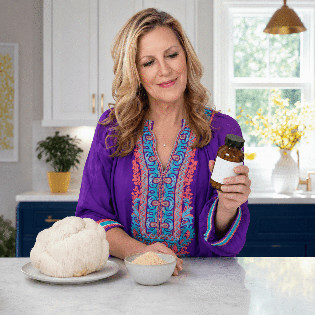 Smiling woman comparing fresh lion’s mane mushroom, powder and generic capsules